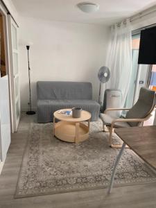 a living room with a couch and a coffee table at Apartment cosy with terrace 200m from the sandy beaches wifi in Juan-les-Pins