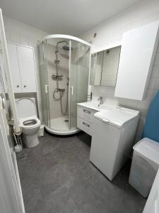 a bathroom with a shower and a toilet and a sink at Apartment cosy with terrace 200m from the sandy beaches wifi in Juan-les-Pins