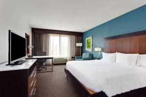 Hilton Garden Inn Victoria في فيكتوريا: غرفة فندقية بسرير كبير وتلفزيون بشاشة مسطحة