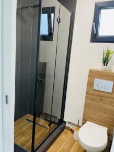 a bathroom with a shower and a toilet at Tiny House by the forest “2” 