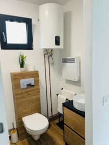 a bathroom with a toilet and a sink at Tiny House by the forest “2” 
