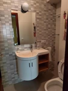 y baño con lavabo, espejo y aseo. en Apartamento Paseo Fluvial en Tui