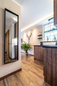 a mirror in a kitchen with a sink and a counter at Widokowy Domek Jaś i Małgosia in Kościelisko