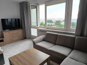 a living room with a couch and a tv at Korczaka Skyline in Elblag