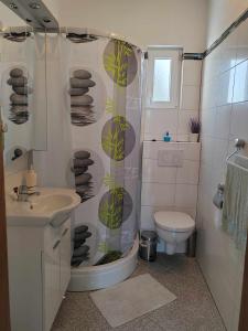 La salle de bains est pourvue de toilettes et d'un rideau de douche. dans l'établissement Kuća za odmor Bella, à Sotin