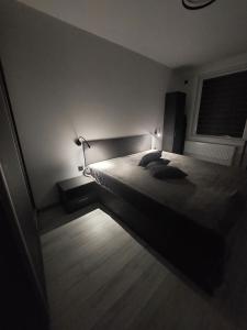 a bedroom with a bed with two pillows on it at Апартамент Слави in Blagoevgrad