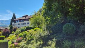 einen Garten vor einem weißen Gebäude mit Bäumen in der Unterkunft Apartment Heidi in Spiez