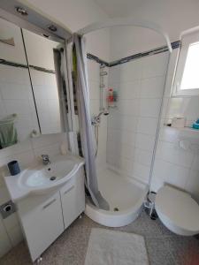 La salle de bains est pourvue d'un lavabo, d'une douche et de toilettes. dans l'établissement Kuća za odmor Bella, à Sotin