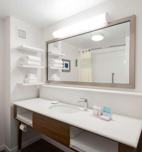 a bathroom with a sink and a large mirror at Hampton Inn Troy in Troy