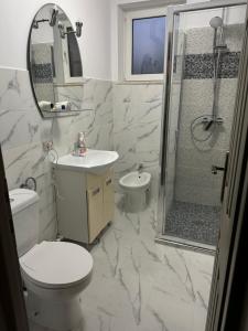 Un baño con inodoro, lavabo y ducha. en Cazare David si familia ., en Piatra Neamţ 42 fotos más