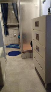 łazienka z prysznicem i komodą w pokoju w obiekcie Ferienhaus Mosel/Trittenheim w mieście Trittenheim