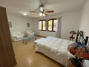 1 dormitorio con 1 cama y ventilador de techo en Jose Ignacio, La Juanita frente al mar, en José Ignacio