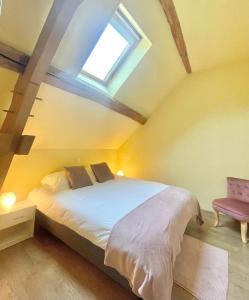 1 dormitorio con 1 cama y tragaluz en Gîte de la petite charriere, en Santenay