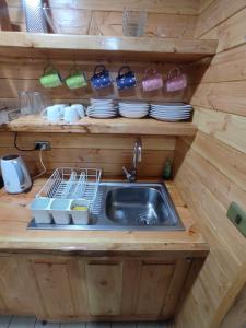 una cocina con fregadero, platos, ollas y sartenes en Cabaña Los Alerces, en Licán Ray