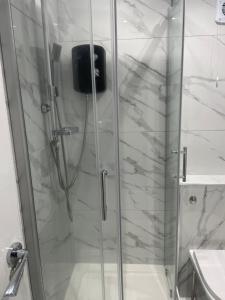 y baño con ducha y puerta de cristal. en Newly renovated studio in Acton en Londres