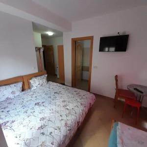 1 dormitorio con cama, mesa y TV en Vila Bolonja, en Struga