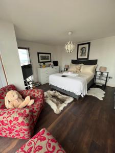 um quarto com uma cama, uma cadeira e um sofá em James Clow Bed & Breakfast em Belfast