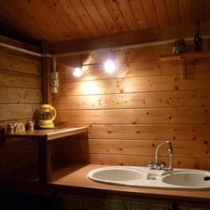 a bathroom with a sink and a wooden wall at Chalet en bois en pleine Nature 4 personnes 3 lits Aventure Bien être et NAture Ferme Peyrot 64 in Vielleségure