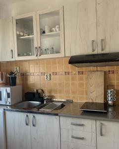 a kitchen with white cabinets and a sink at Guest House Vladimir&Ana in Pančevo