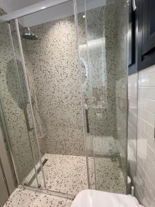 una ducha con puerta de cristal en un baño en C&C3 Apartments, en Alexandroupoli 26 fotos más