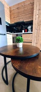 a wooden table in a kitchen with a potted plant on it at Nina Apartment in Drama