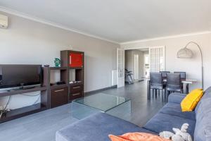 a living room with a blue couch and a tv at Tamanaco Beach 1BDR apartment with balcony sea view and pool in Antibes