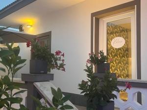 a porch with potted plants and a door with a sign on it at Kalasó Design Guest House in Fiumicino
