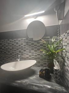 un bagno con lavandino, specchio e pianta di Kalasó Design Guest House a Fiumicino