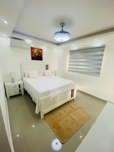 a white bedroom with a white bed and a rug at Confortable y lujoso apartamento en santiago in Santiago de los Caballeros