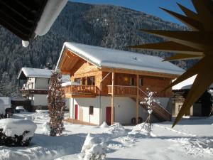 a log cabin in the snow with a christmas tree at Chalet Edelweiss im Montafon in Sankt Gallenkirch