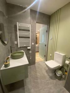 a bathroom with a toilet and a sink and a shower at Mercadoflat in Póvoa de Varzim