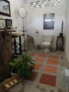 a bathroom with a toilet and a sink and a mirror at @habitacionhonda in Honda