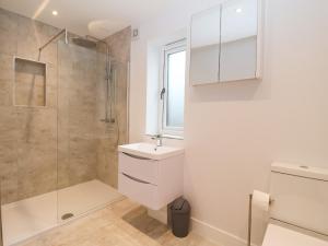 a bathroom with a shower and a toilet and a sink at Town Farm House, Orford in Orford +31 photos