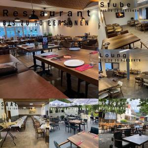 a collage of photos of a restaurant with tables and chairs at Hotel Restaurant Zum Landmann in Wenden