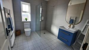 a bathroom with a shower and a toilet and a mirror at Cuilcagh Croft - Fermanagh Lakelands in Enniskillen