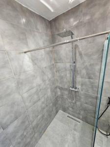 y baño con ducha y puerta de cristal. en Rooftop Spa Luxury Villa en Rivière Noire