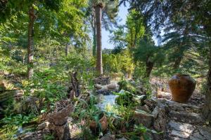 een tuin met een stenen muur en een vijver bij Santuari de Lluc in Lluc