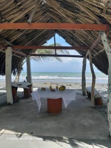 una mesa en la playa con vistas al océano en Cabaña RECUERDO Lodge, B & B, en Moñitos
