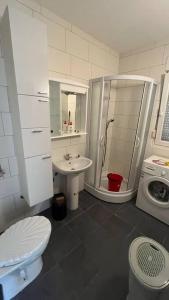 W łazience znajduje się toaleta, umywalka i pralka. w obiekcie Cosy 2-bedroom apt 100m from sea w mieście Herceg Novi