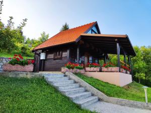 a small house with flowers in front of it at Holiday house Panorama in Ozalj