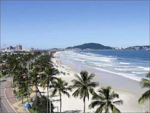 a view of a beach with palm trees and the ocean at Apartamento Duplex Guarujá in Guarujá