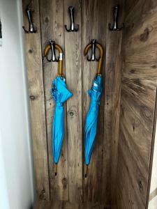 Tres paraguas azules colgados en una pared de madera en Апартамент с шикарными видами, en Batumi