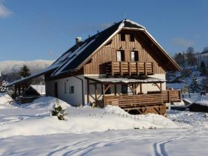 a wooden cabin in the snow with snow at Apartmány Ester in Rokytnice nad Jizerou