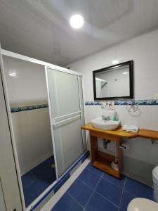 a bathroom with a shower and a sink and a mirror at Mary & Matt lodge in Providencia