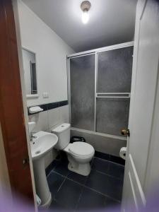 y baño con aseo, lavabo y ducha. en Departamento amoblado, en Lima