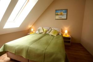 een slaapkamer met een groen bed op een zolder bij Apartamenty Villa Baltic Sun I in Międzywodzie