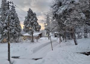 a snow covered street with trees and a house at Elan Lodge Akakura in Nagano