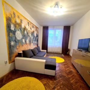 - un salon avec un canapé et une télévision dans l'établissement Mural Art Apartament, à Petroşani