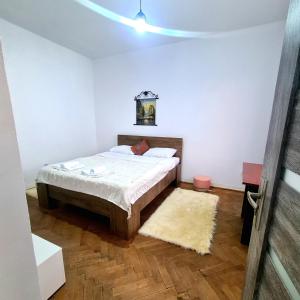 - une chambre avec un lit et un tapis dans l'établissement Mural Art Apartament, à Petroşani