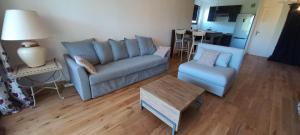sala de estar con sofá azul y mesa en La pinède, 50 m2, 3 mn à pied des plages, lit King Size, en La Seyne-sur-Mer